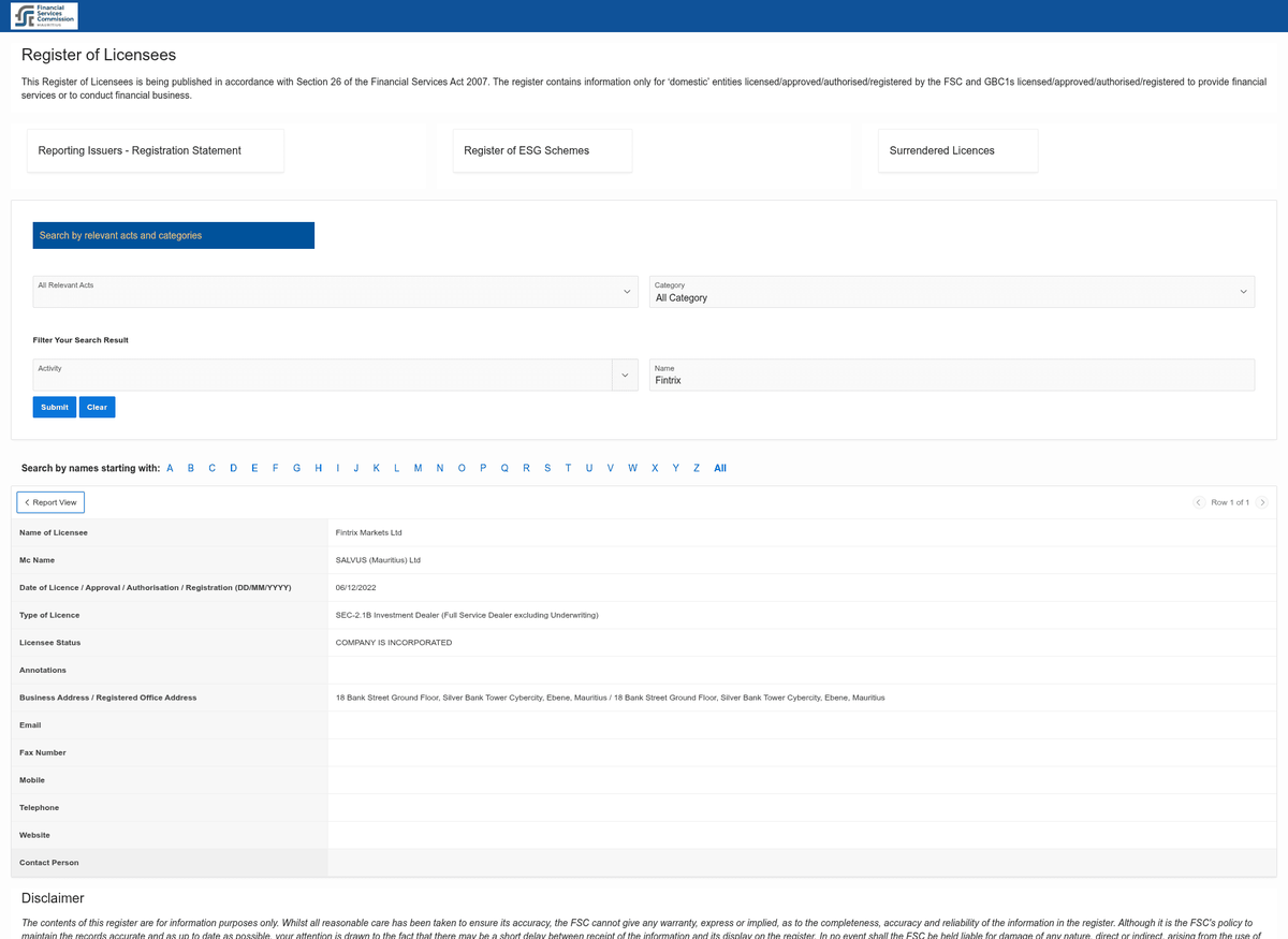 The FSC Online Public Register entry for Fintrix Markets Ltd, showing name of licensee Fintrix Markets Ltd, date of licence 06/12/2022, type of licence SEC-2.1B Investment Dealer (Full Service Dealer excluding Underwriting) and licensee status COMPANY IS INCORPORATED.