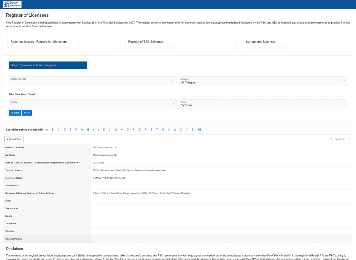 The FSC Online Public Register entry for TabTrade (Mauritius) Ltd, showing name of licensee TabTrade (Mauritius) Ltd, date of licence 02/07/2026, type of licence SEC-2.1B Investment Dealer (Full Service Dealer excluding Underwriting) and licensee status COMPANY IS INCORPORATED.