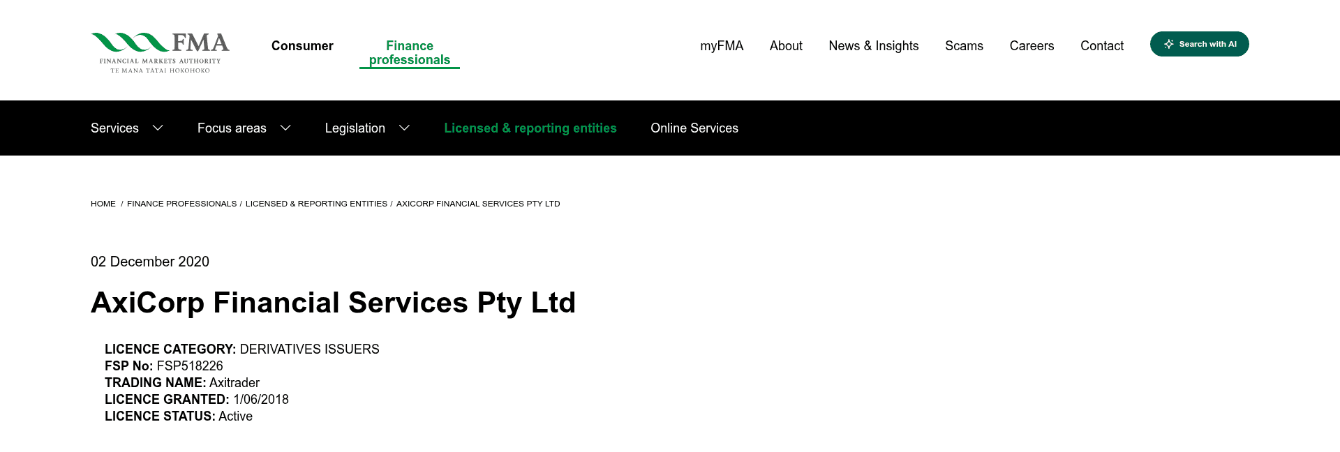 The Financial Markets Authority register page for AxiCorp Financial Services Pty Ltd, showing licence category derivatives issuers, FSP518226, licence granted 1 June 2018 and licence status active.
