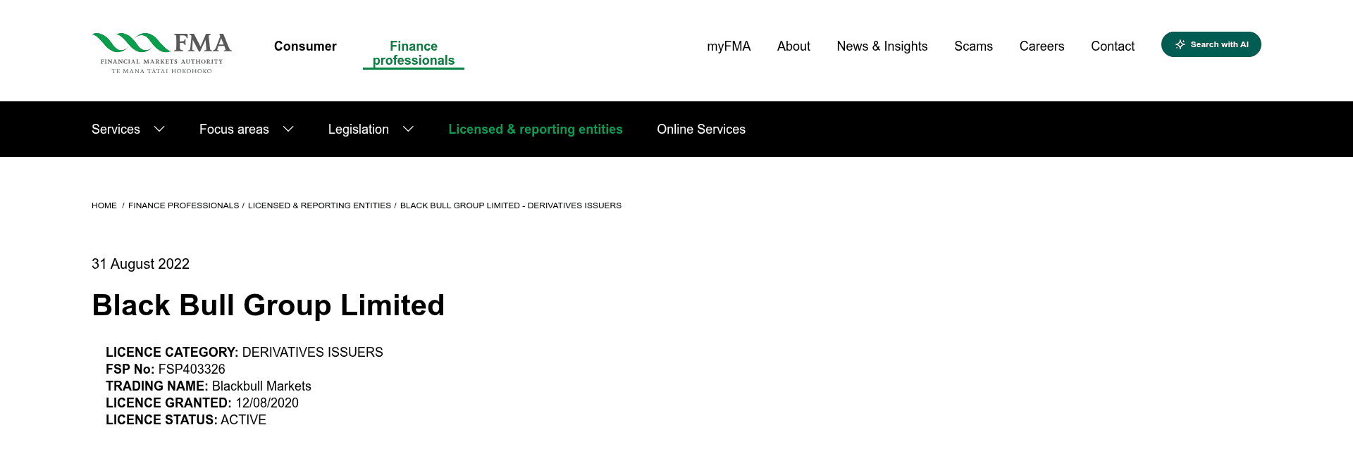The Financial Markets Authority register page for Black Bull Group Limited, showing licence category derivatives issuers, FSP403326, licence granted 12 August 2020 and licence status active.