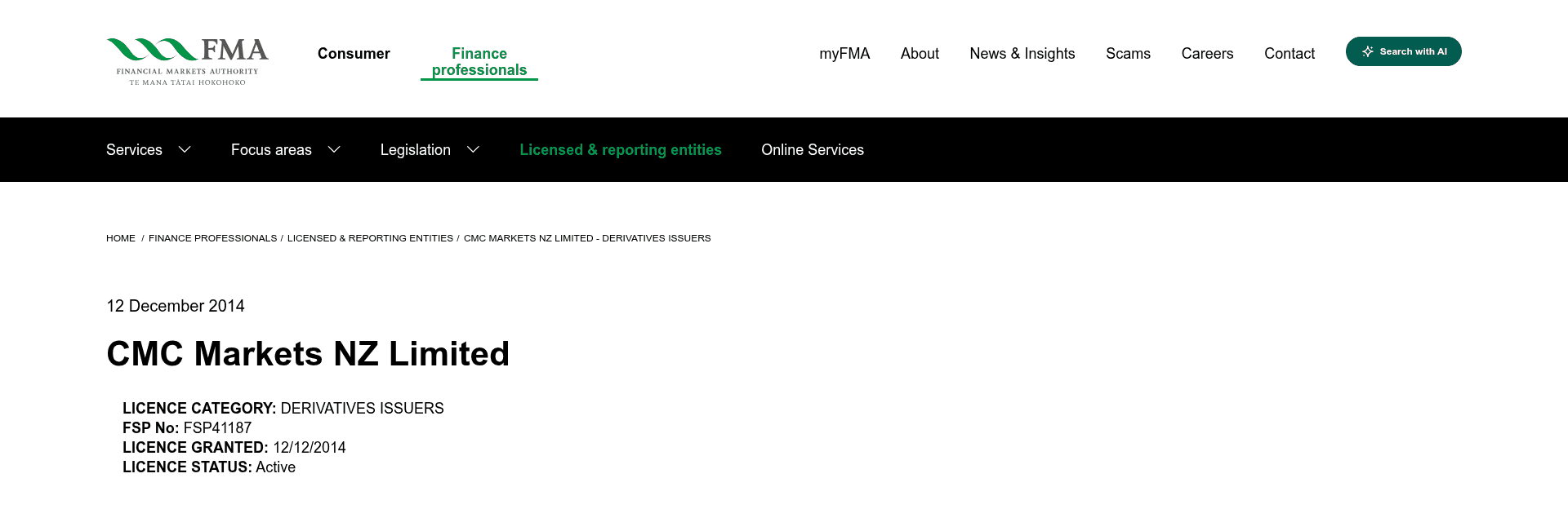 The Financial Markets Authority register page for CMC Markets NZ Limited, showing licence category derivatives issuers, FSP41187, licence granted 12 December 2014 and licence status active.