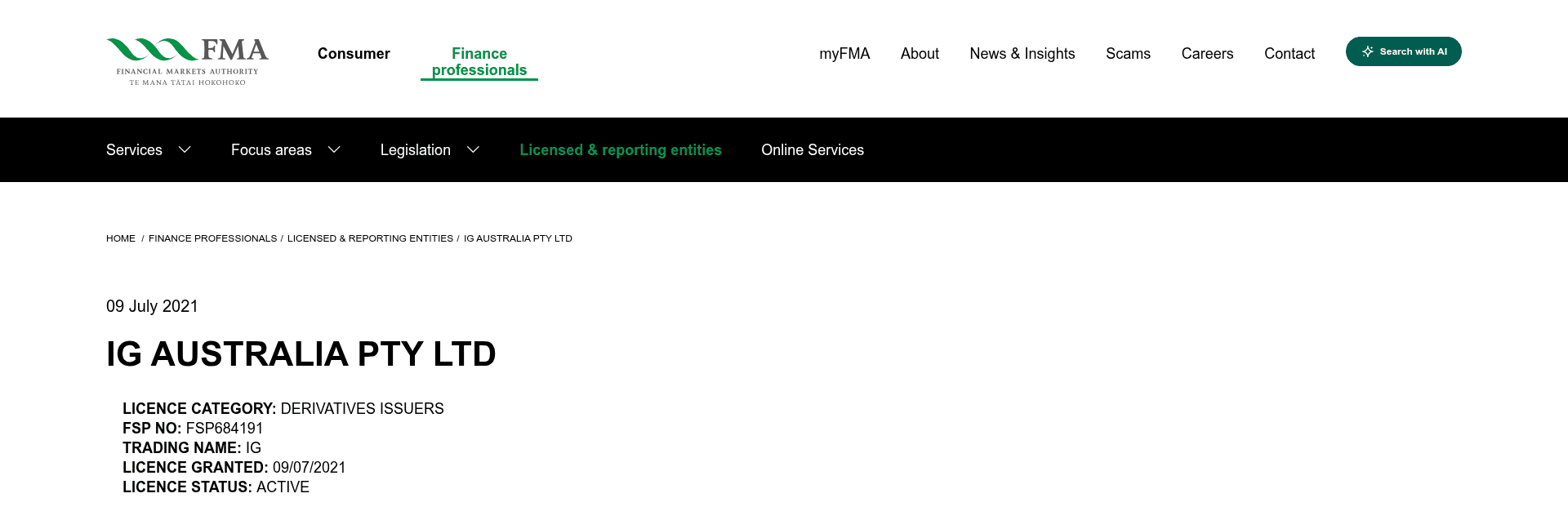 The Financial Markets Authority register page for IG Australia Pty Ltd, showing licence category derivatives issuers, FSP684191, licence granted 9 July 2021 and licence status active.