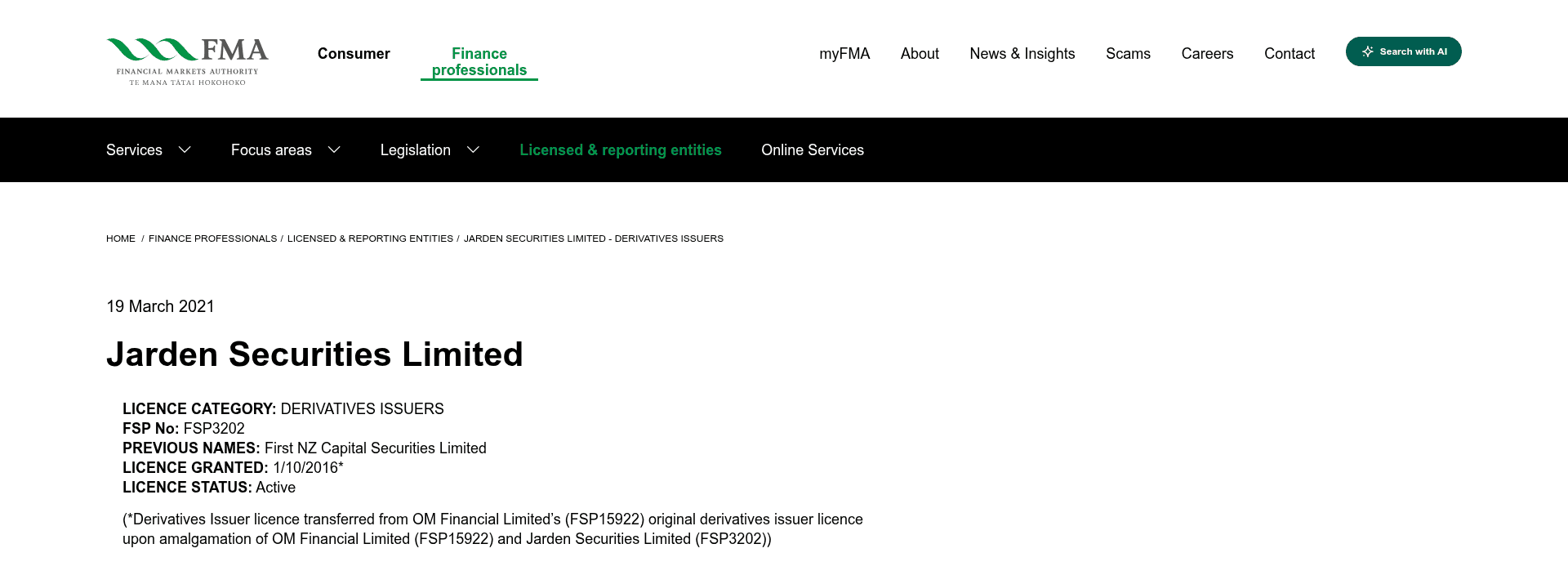 The Financial Markets Authority register page for Jarden Securities Limited, showing licence category derivatives issuers, FSP3202, licence granted 1 October 2016 and licence status active.