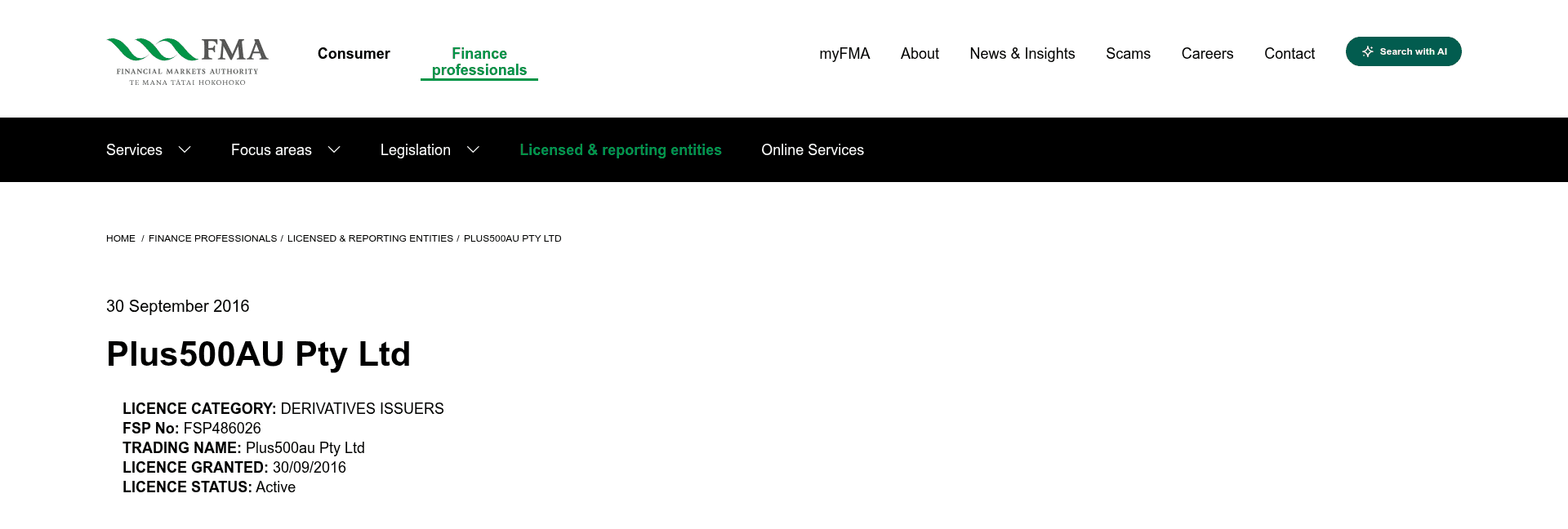 The Financial Markets Authority register page for Plus500AU Pty Ltd, showing licence category derivatives issuers, FSP486026, licence granted 30 September 2016 and licence status active.