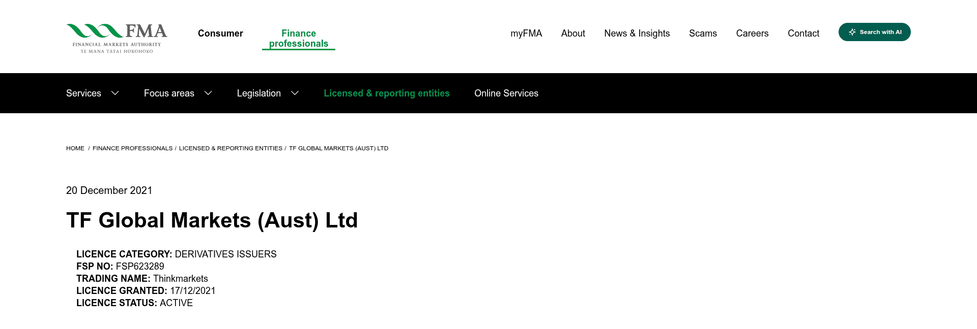 The Financial Markets Authority register page for TF Global Markets (Aust) Ltd, showing licence category derivatives issuers, FSP623289, licence granted 17 December 2021 and licence status active.