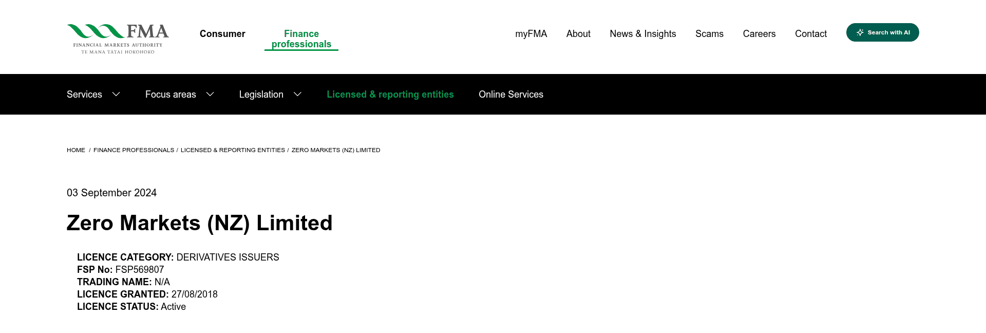 The Financial Markets Authority register page for Zero Markets (NZ) Limited, showing licence category derivatives issuers, FSP569807, licence granted 27 August 2018 and licence status active.
