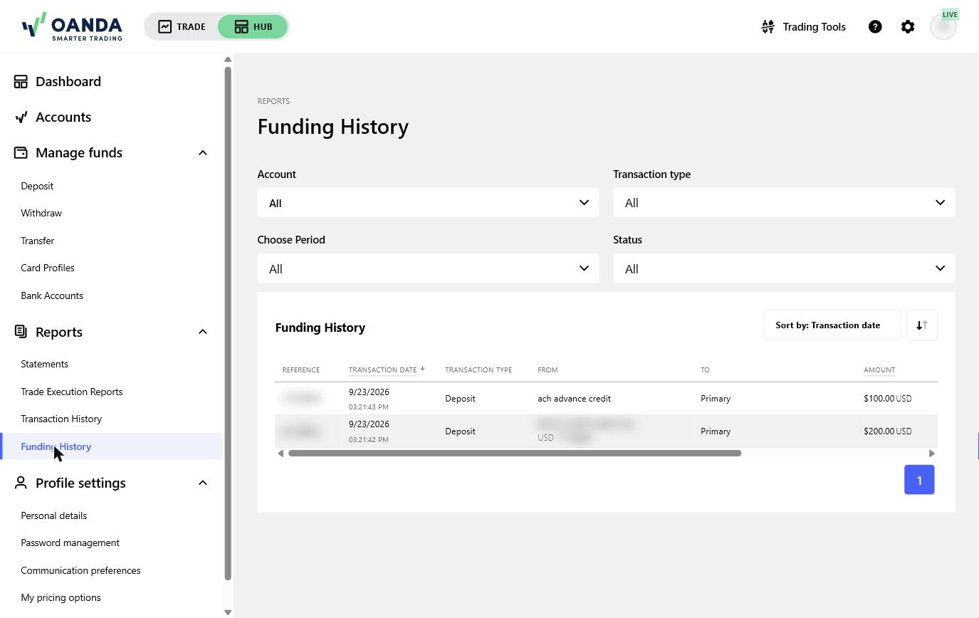Screenshot of OANDA account funding history showing separate rows for an ACH deposit and an ACH advance credit.