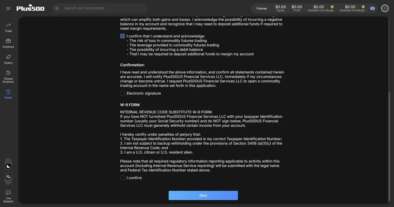The lower part of the Understanding and Acknowledgement page with the risk confirmations, signature checkbox, and W-9 certification.