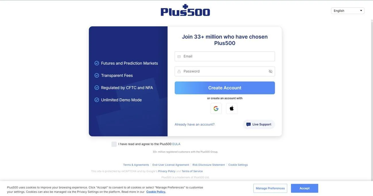 The Plus500 sign-up form with email and password fields, Google and Apple buttons, and the EULA checkbox.