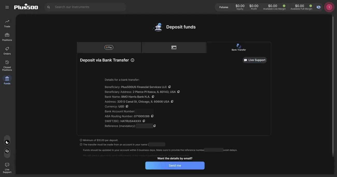 The Bank Transfer tab showing Plus500's beneficiary and bank details, with the account number and reference number blacked out.