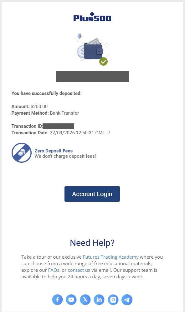 Plus500's email confirming a $200 deposit by bank transfer on September 22, 2026, with zero deposit fees.