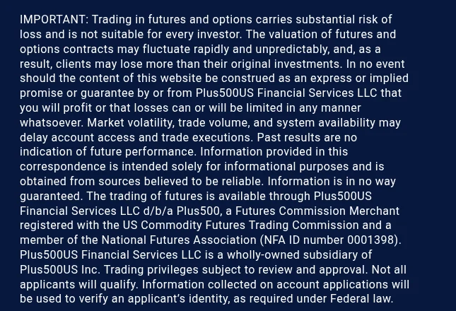 Plus500 US site footer disclosure naming the legal entity and NFA ID.