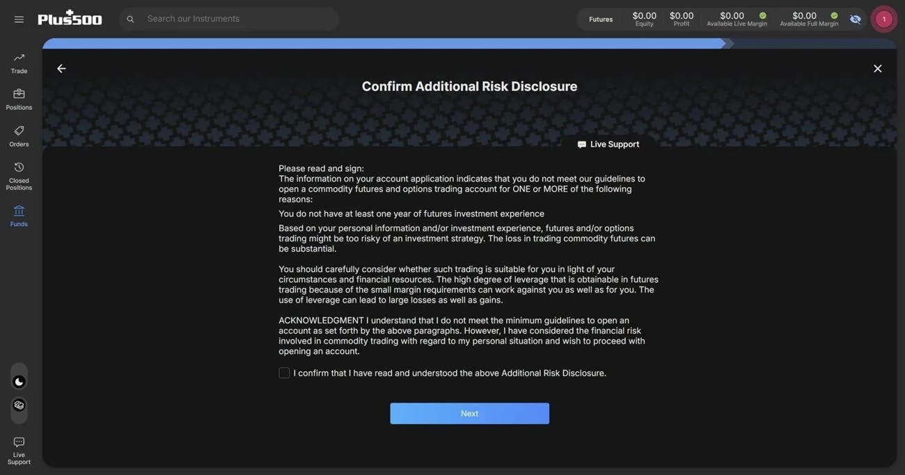The extra risk disclosure page explaining the application does not meet guidelines, with a confirmation checkbox.