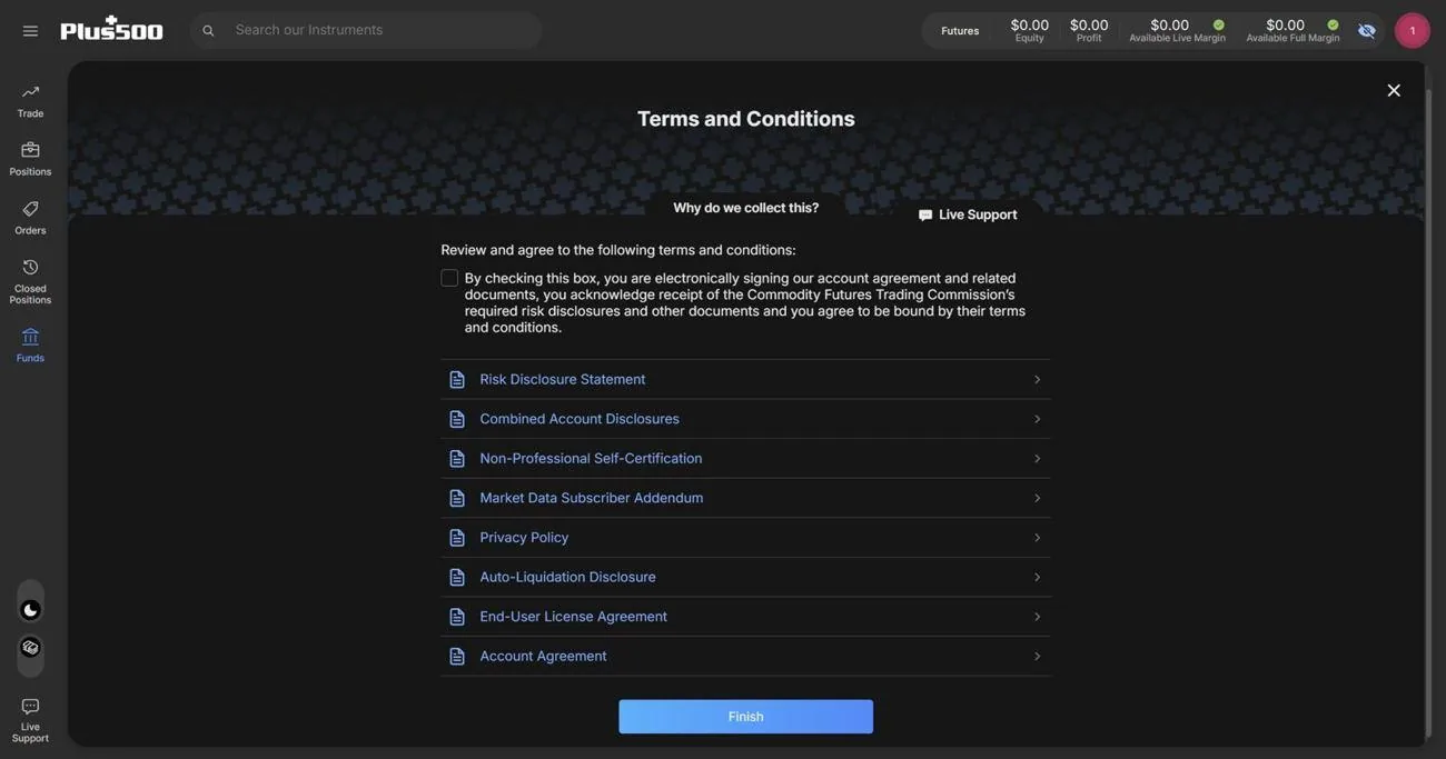 The Terms and Conditions page with the signing checkbox, eight linked documents, and Finish button.