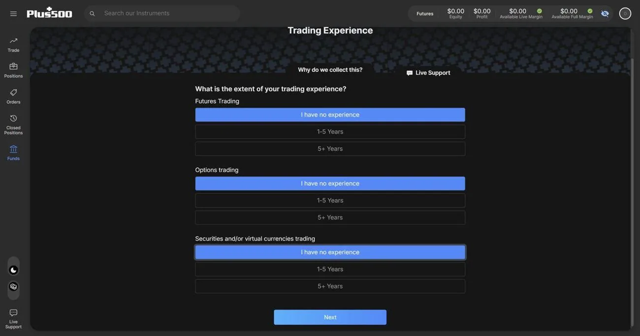 The Trading Experience page with experience choices for futures, options, and securities or virtual currencies.