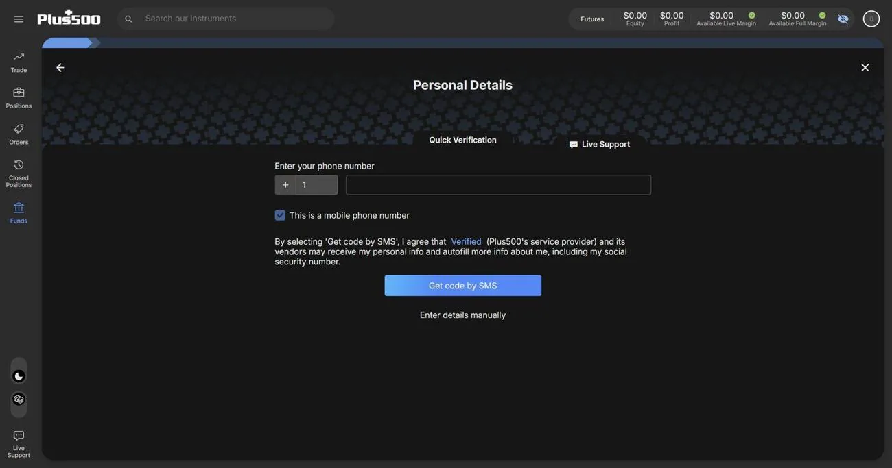 The phone number entry screen with the +1 field, the mobile checkbox, and the Get code by SMS button.