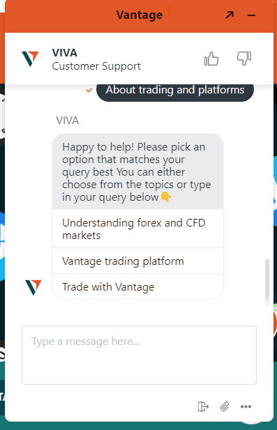 vantage markets live chat customer support