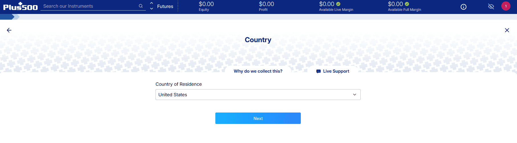 Plus500 choose your country section