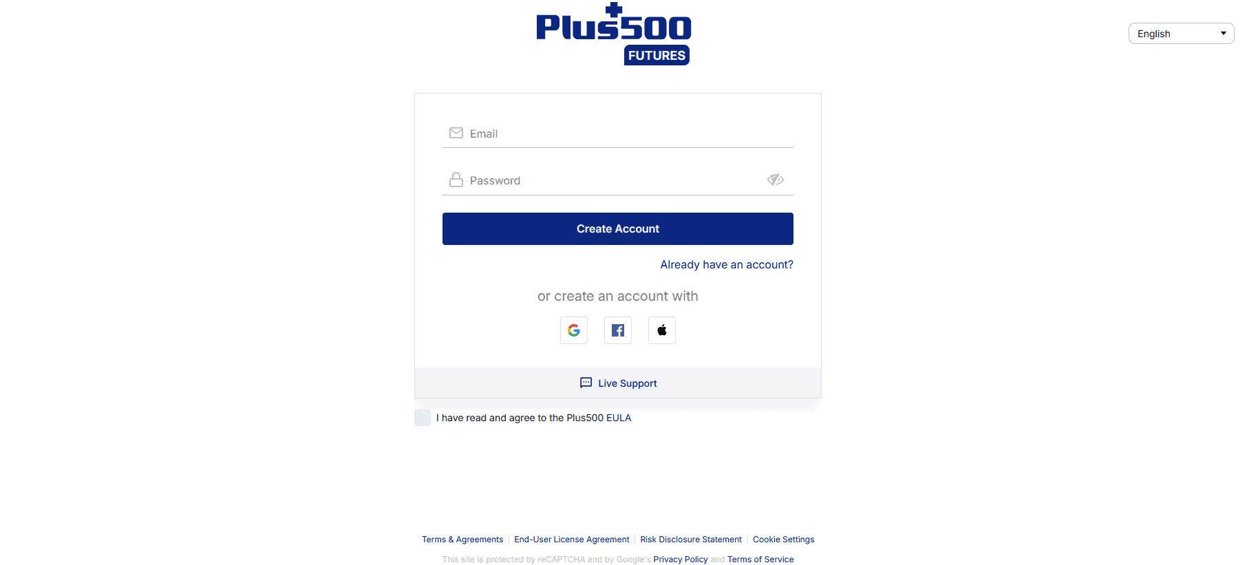 plus500 sign up section