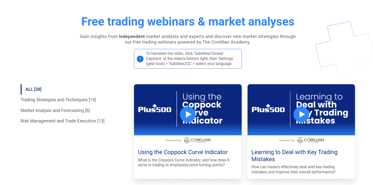 plus500 trading webinars and market analysis section