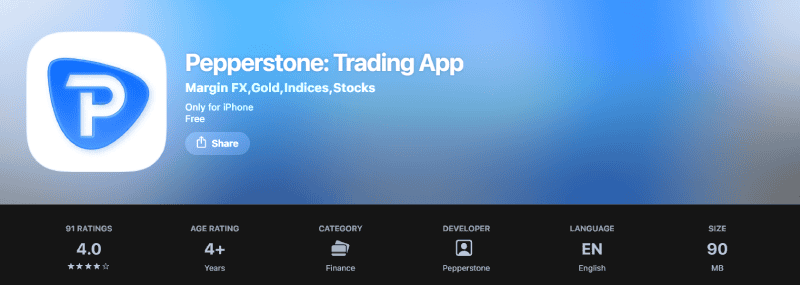 Pepperstone main app rating on the Australian App Store, September 2026