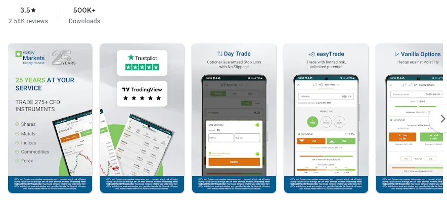 The Google Play listing of easyMarkets Online Trading as shown in United States, captured Oct 1, 2026.