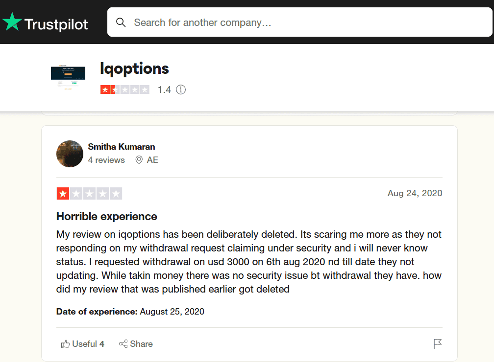 Reseñas de IQ Option en TrustPilot
