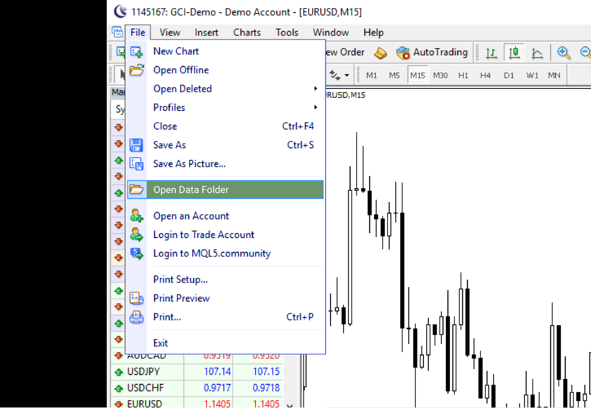 อินเทอร์เฟซ MetaTrader โดยมีเมนู File เปิดอยู่และตัวเลือก Open Data Folder ถูกไฮไลต์