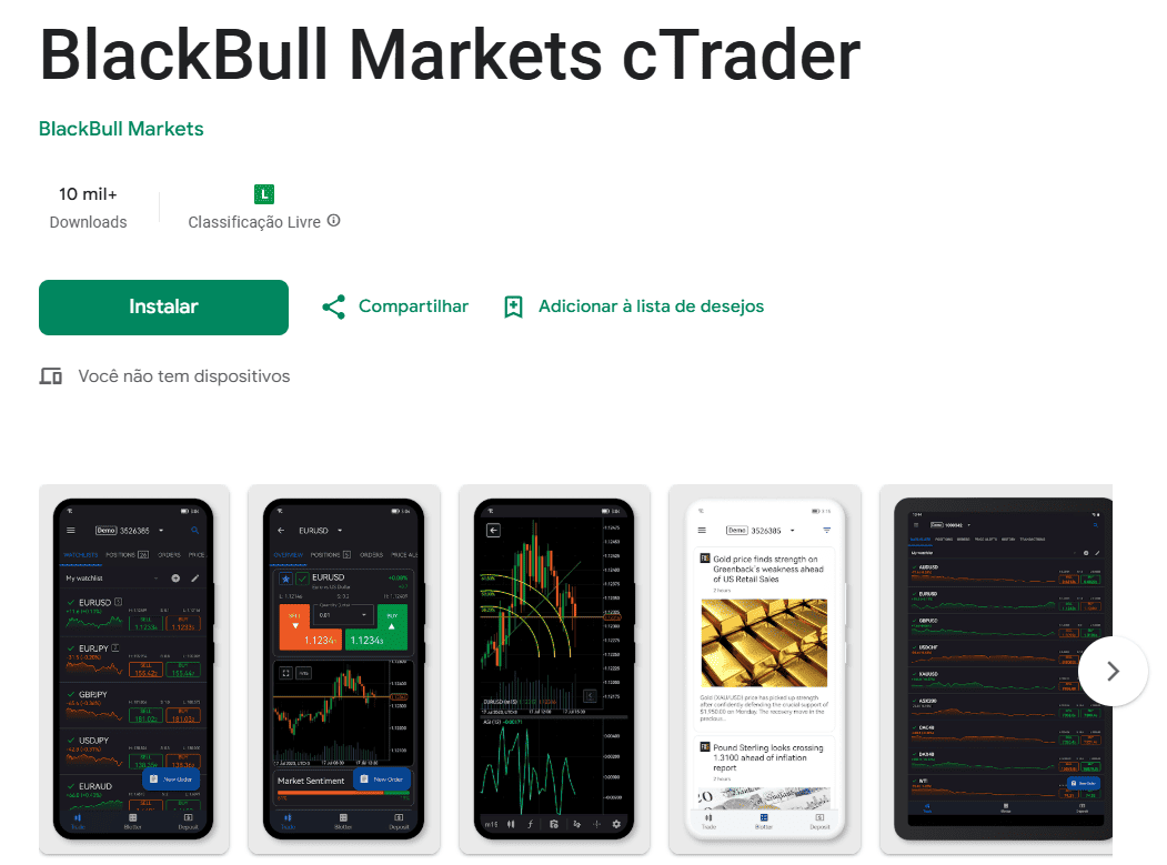 Aplicativo móvel BlackBull Markets cTrader