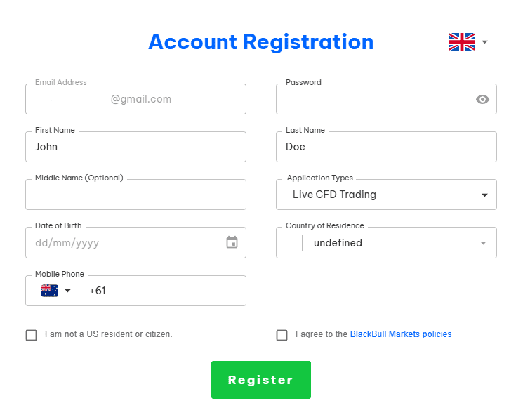 BlackBull Account registration page