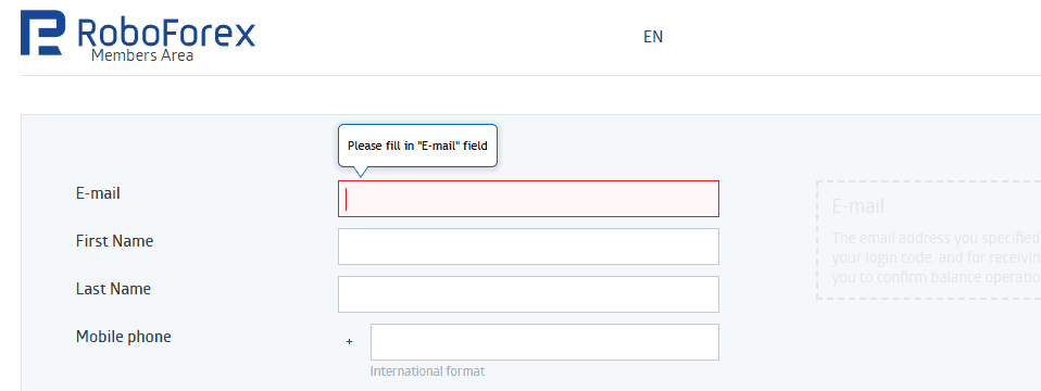RoboForex account creation page