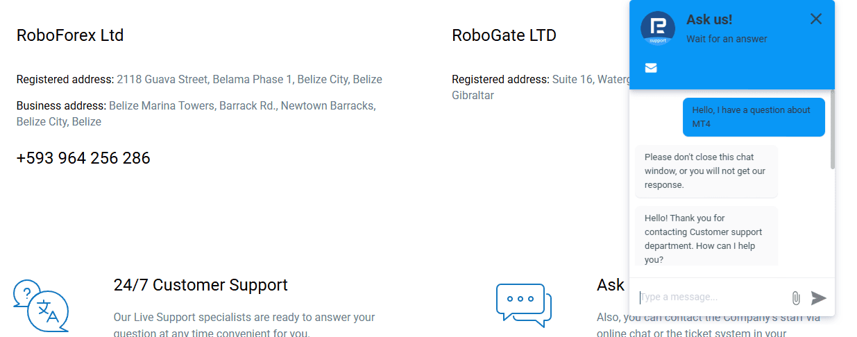 chat opened with RoboForex