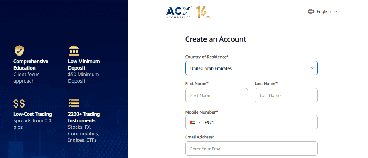 Account opening process, with UAE selected as region