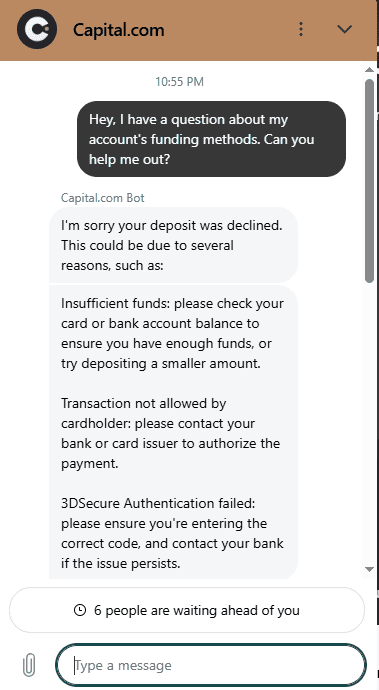 Chat support for Capital.com with a funding question.