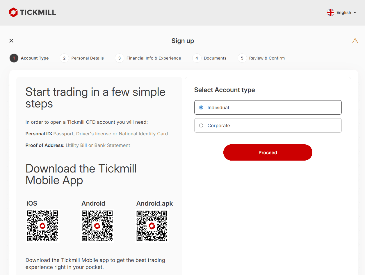 Account opening screenshot of Tickmill with English selected