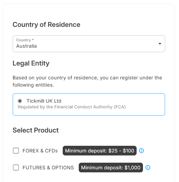 Tickmill account opening process picking Jurisdiction