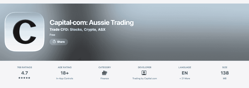 Capital.com Aussie Trading app rating on the Australian App Store, August 2026