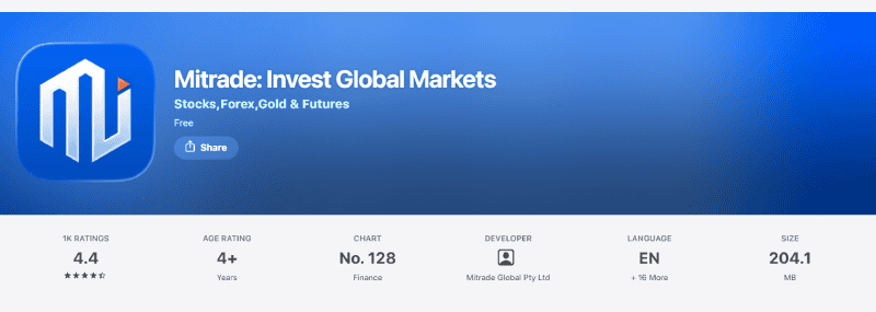 Mitrade app rating on the Australian App Store, August 2026