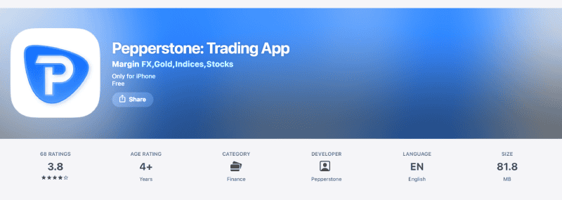 Pepperstone main app rating on the Australian App Store, August 2026