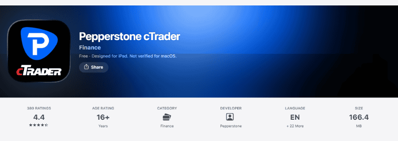 Pepperstone cTrader app rating on the Australian App Store, August 2026