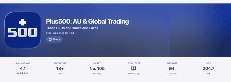 Plus500 app rating on the Australian App Store, August 2026