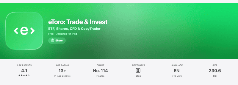 eToro app rating on the Australian App Store, August 2026