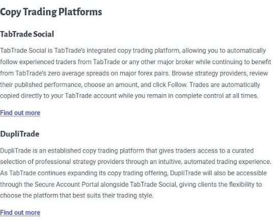 Copy trading at TabTrade: TabTrade Social and DupliTrade